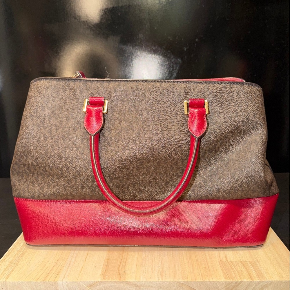 Michael Kors Handbag Tote Brown‎ Signature Red Leather Convertible Strap - Picture 2 of 9